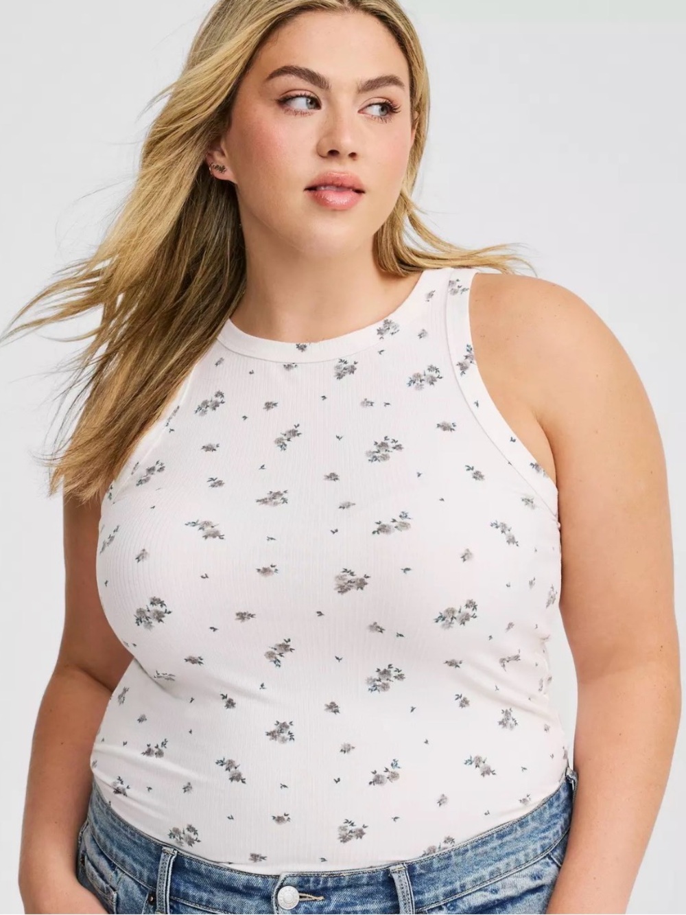 torrid Cream Ribbed Floral Tank Top